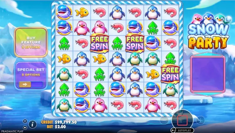 Snow Party base game screen with three Free Spin scatter symbols