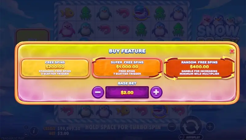 Snow Party buy feature menu with Free Spins Super Free Spins and Random Free Spins options