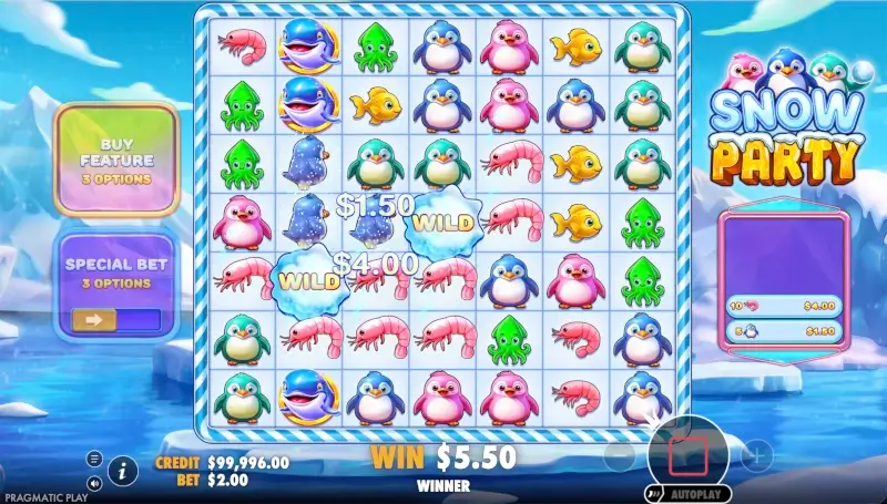 Snow Party cluster win with wild symbols on the 7x7 grid