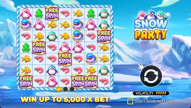 Snow Party feature preview screen showing 5000x max win and high volatility