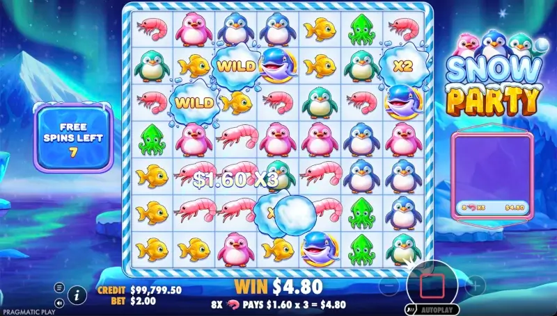 Snow Party free spins gameplay with sticky wild multipliers