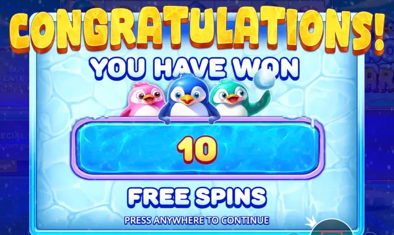 Snow Party bonus round start screen awarding 10 free spins