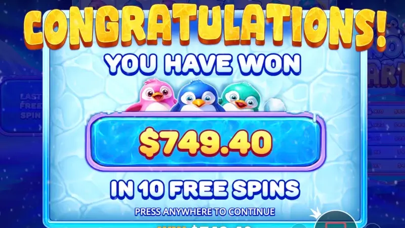 Snow Party free spins total win screen after bonus round