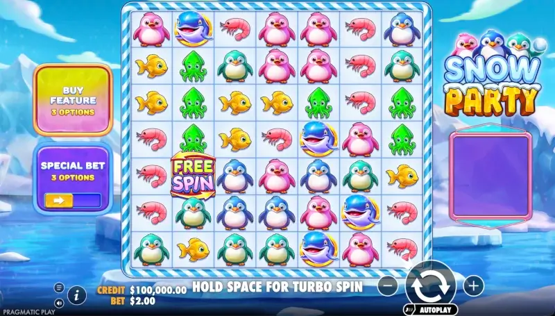 Snow Party slot main interface with 7x7 grid and buy feature buttons